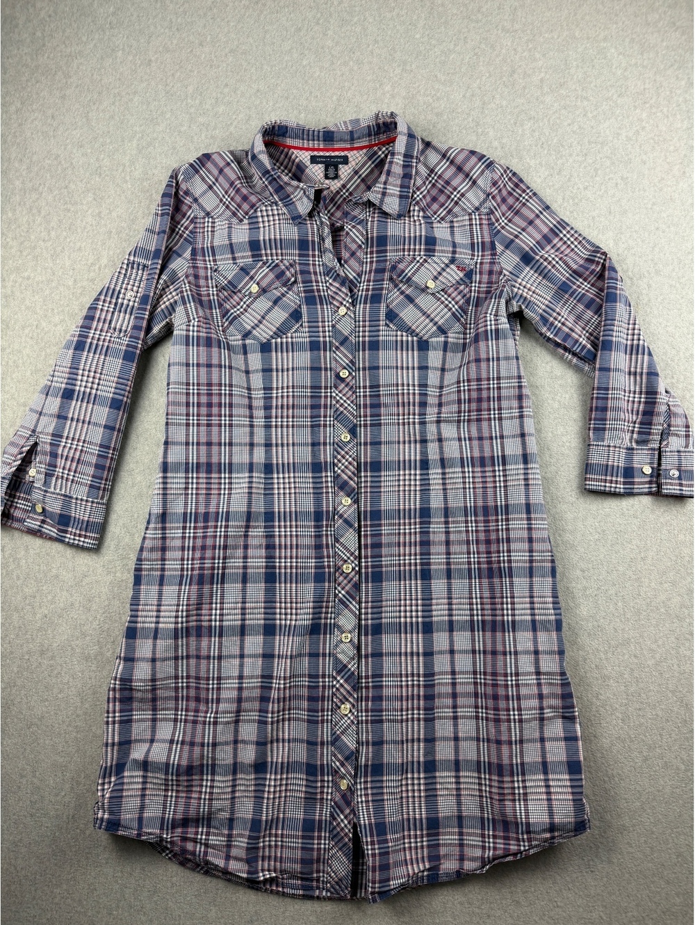 Tommy Hilfiger Plaid Shirt Dress Womens L Snap Front Roll Tab Sleeve Dress